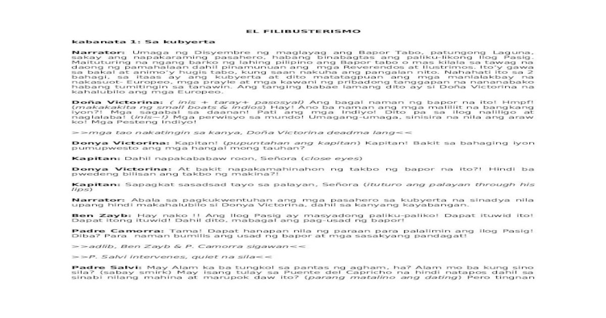 Script El Filibusterismo Kabanata 1 10 Doc Document