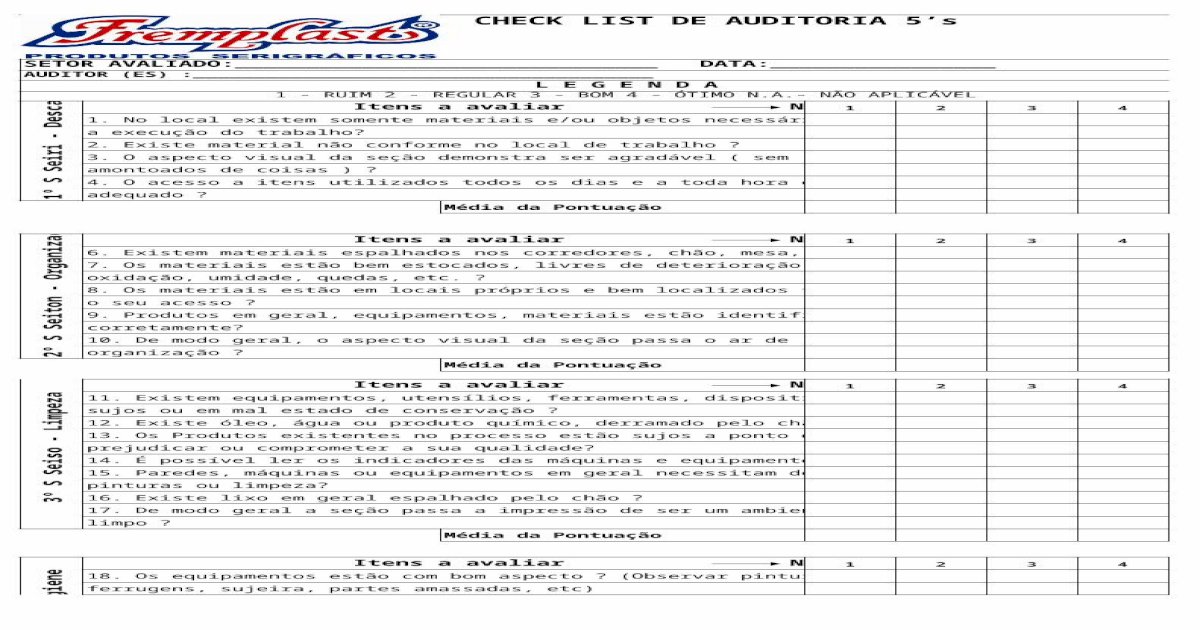 Check List De Auditoria 5s Xls Document