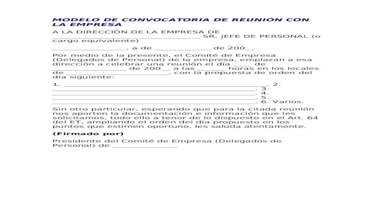 MODELO DE CONVOCATORIA DE REUNIÓN CON LA EMPRESA - [DOCX Document]