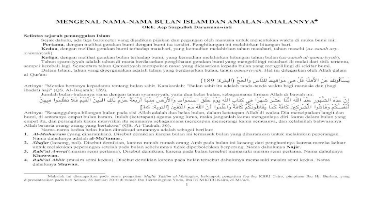 Mengenal Nama Nama Bulan Islam Dan Amalan Amalannya Pdf Document