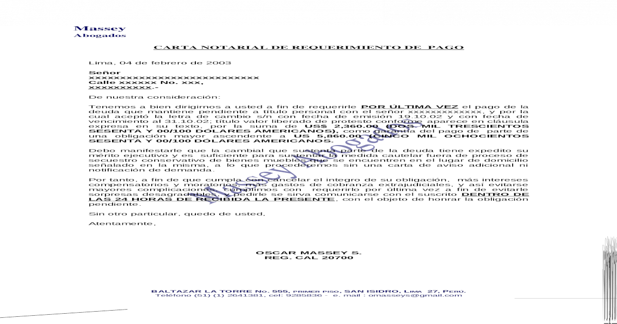 Modelo de Carta Notarial de Requerimiento de Pago - [DOC Document]