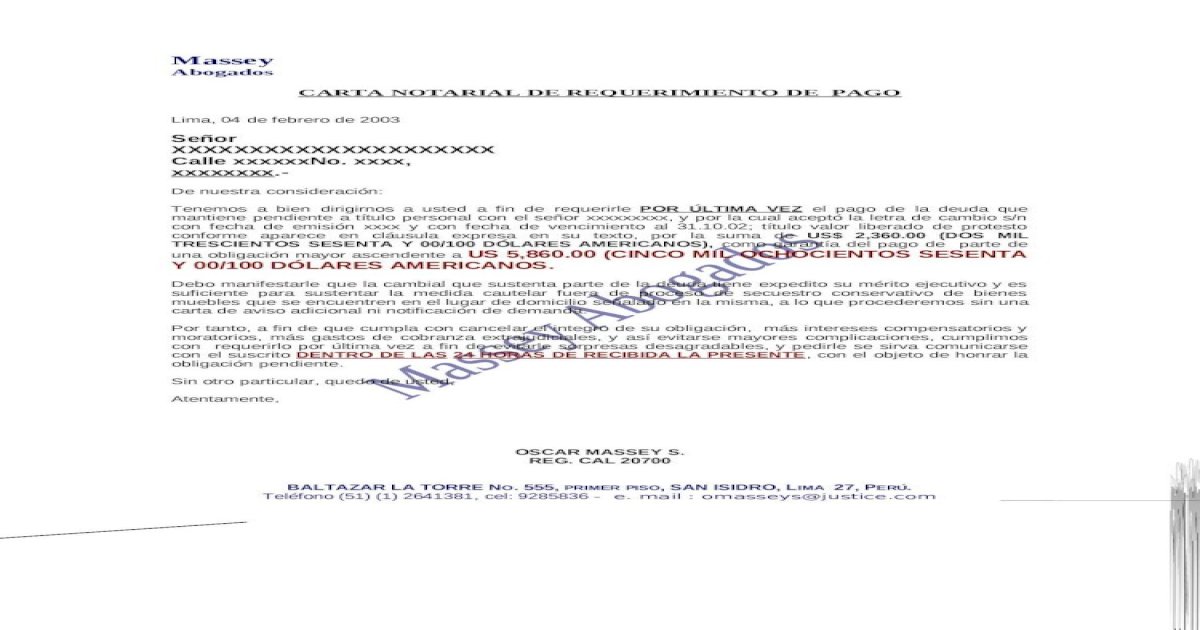 Modelo De Carta Notarial De Requerimiento De Pago Doc Document 2544