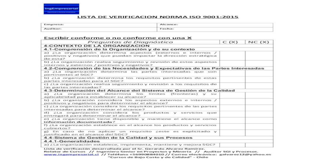 Lista De Verificacion Norma Iso 90012015 Rev 02 Pdf Document