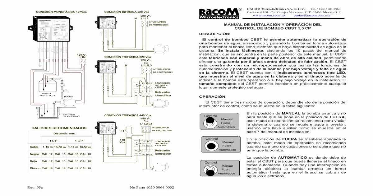 Manual CBST Rev 03a - · PDF fileEl control de bombeo CBST le permite  automatizar la operación de una bomba de agua, arrancando y parando  la bomba en forma automática - [PDF