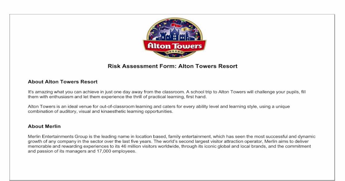 alton towers school visit risk assessment