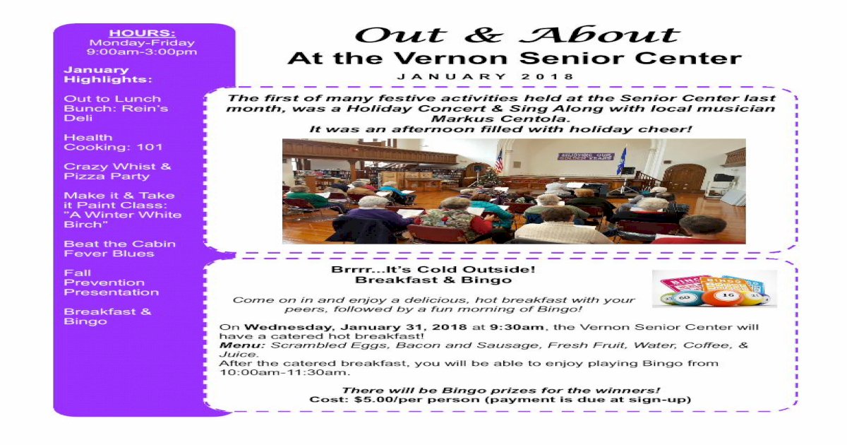 HOURS Out & About At the Vernon Senior Center Center/2018/January 2018