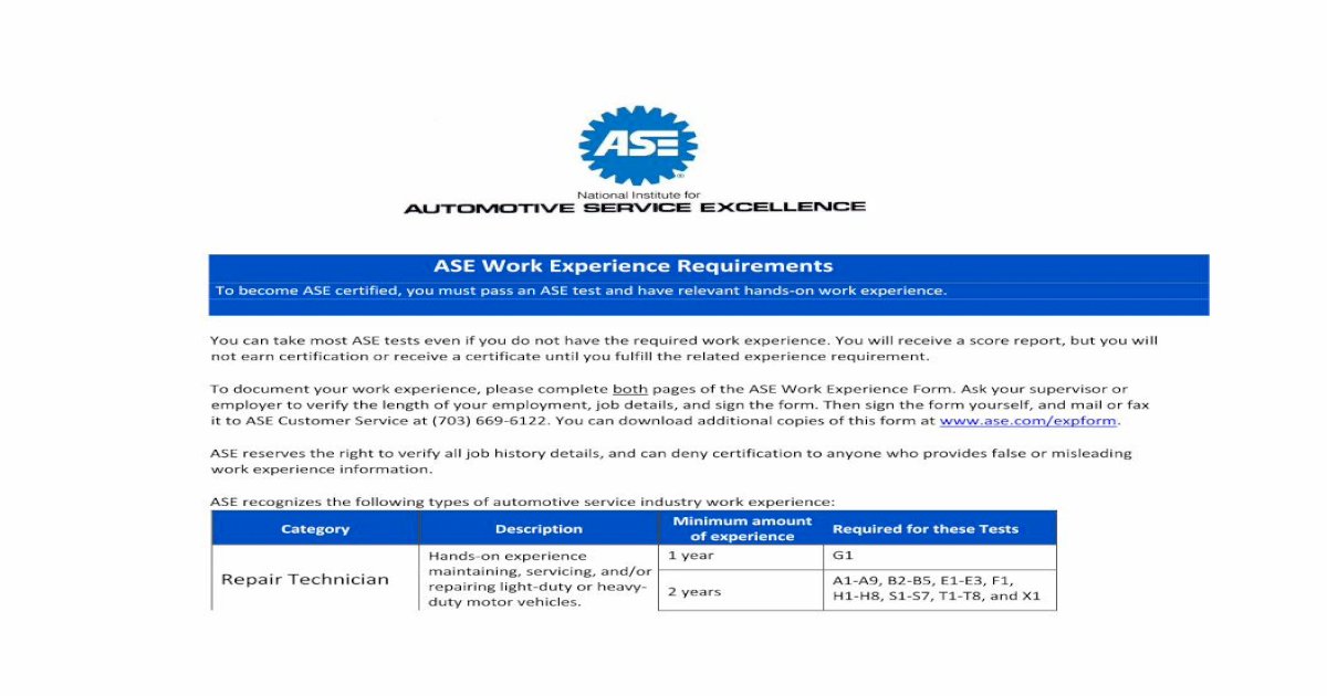  Automotive Service Excellence (ASE) work experience requirements for Passenger Vehicle, Light Truck, and Medium Truck.