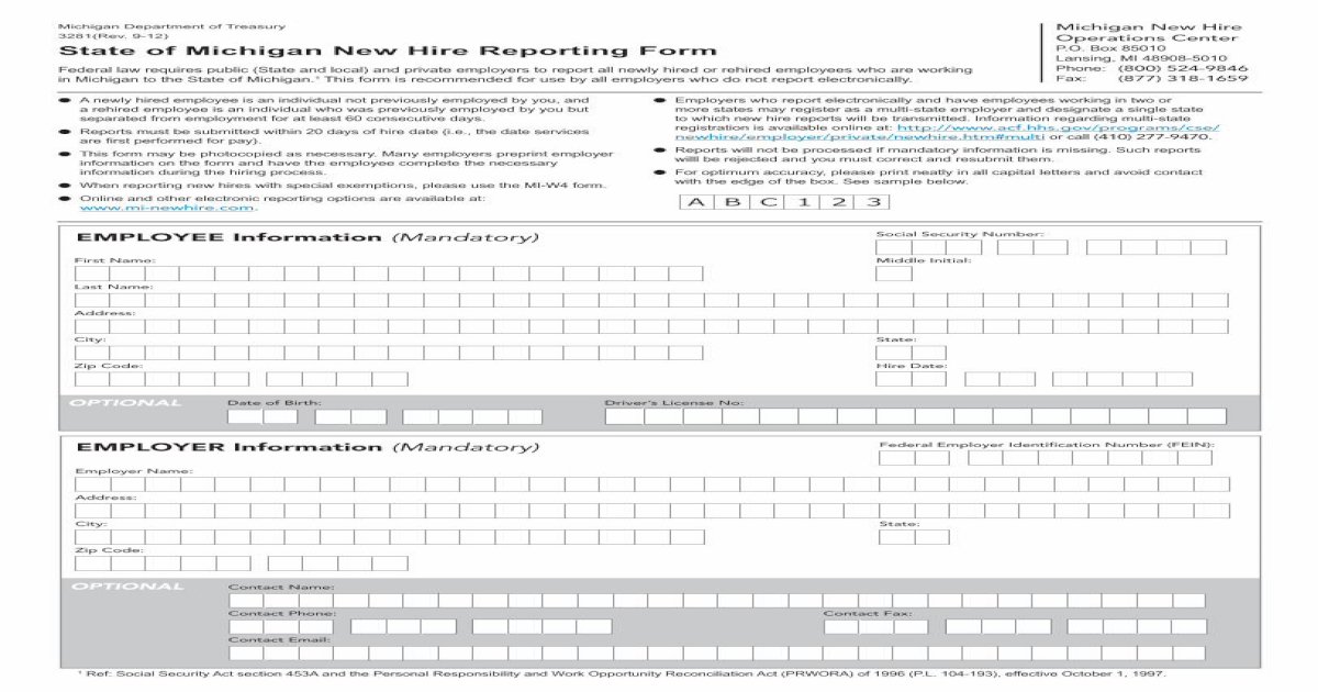 State of Michigan New Hire Reporting Form · EMPLOYEE Information