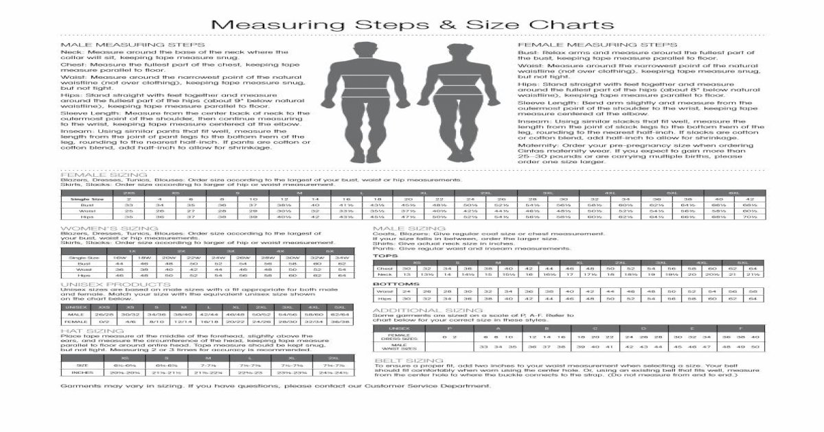 Measuring Steps & Size Charts - Cintas · Measuring Steps & Size Charts ...
