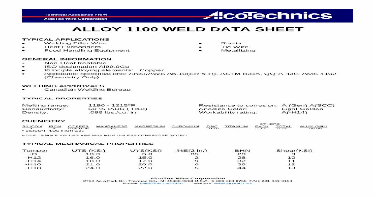 ALLOY 1100 WELD DATA SHEET - AlcoTec · ALLOY 1100 WELD DATA SHEET ...
