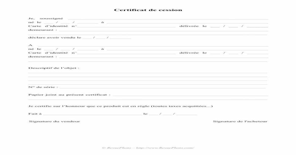 Certificat De Cession Revue Photo · Certificat De Cession Je