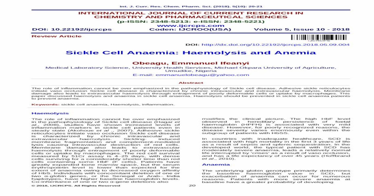 Sickle Cell Anaemia: Haemolysis and Anemiaijcrcps.com/pdfcopy/oct2018 ...