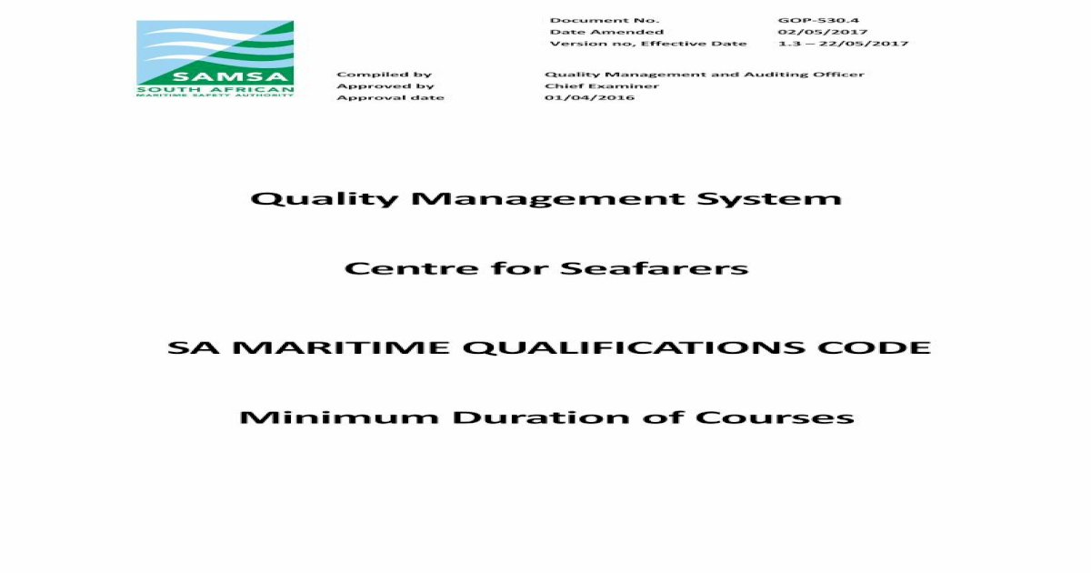 Quality Management System Centre For Seafarers Sa Maritime · Stcw