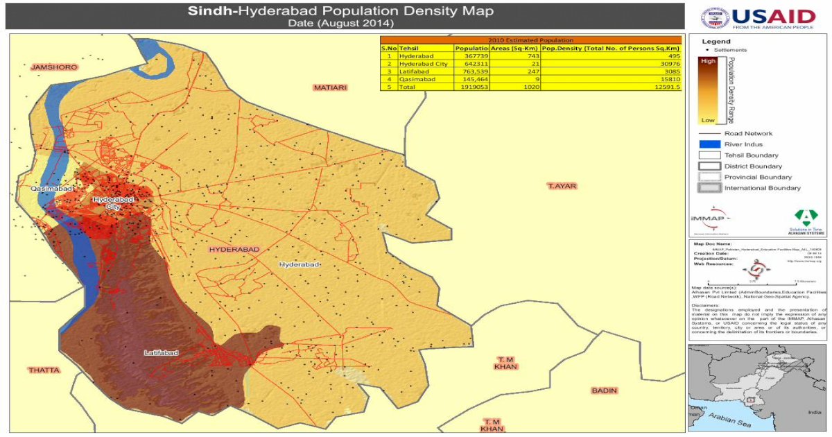 SindhHyderabad Population Density Map · HYDERABAD JAMSHORO MATIARI T