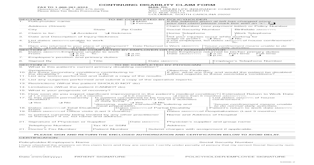 First Unum Continuing Disability Claim Form - PDF Document