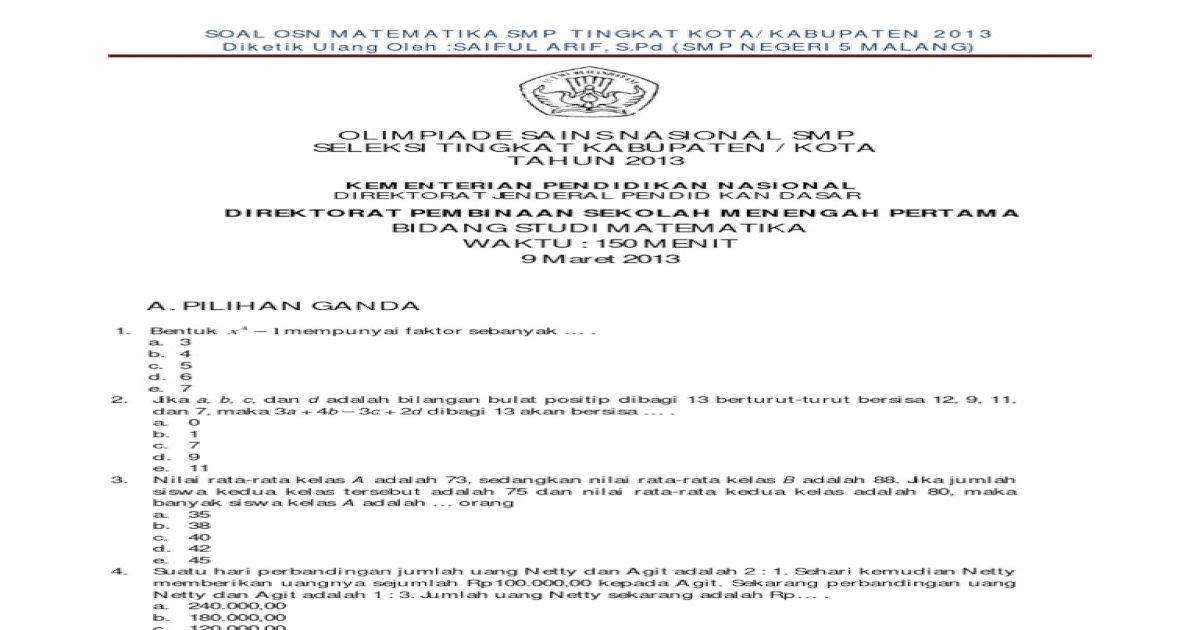 Soal Osn Matematika Kabupaten 2013 Pdf Document