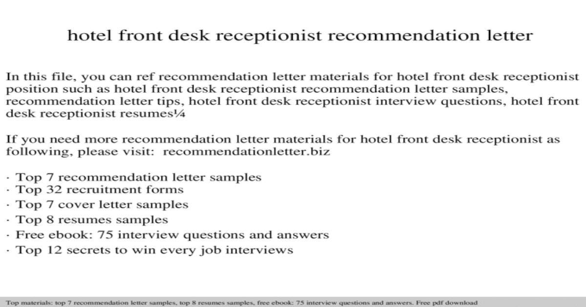 Hotel Front Desk Receptionist Recommendation Letter Ppt Powerpoint