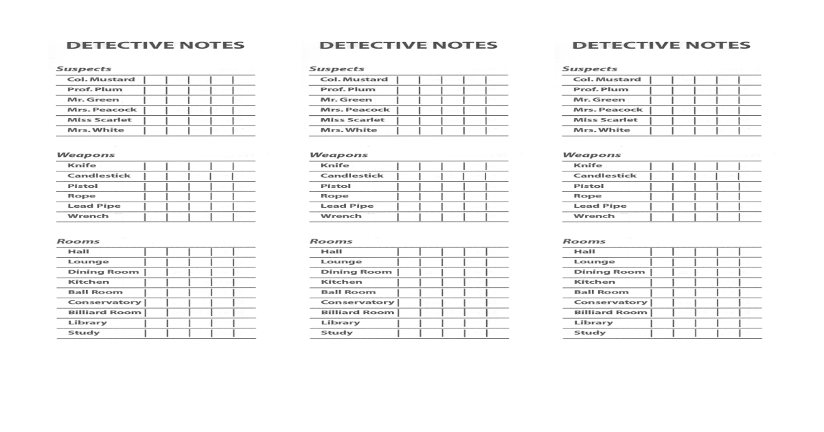 Clue Board Game Detective Notes [PDF Document]