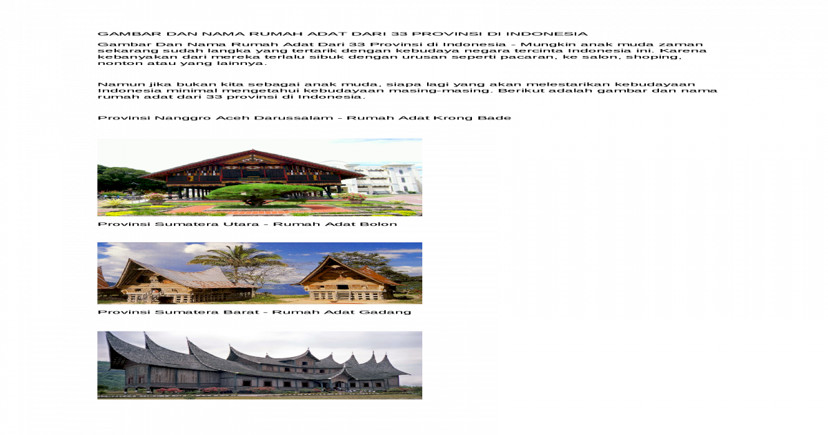 Gambar Dan Nama Rumah Adat Dari 33 Provinsi Di Indonesia
