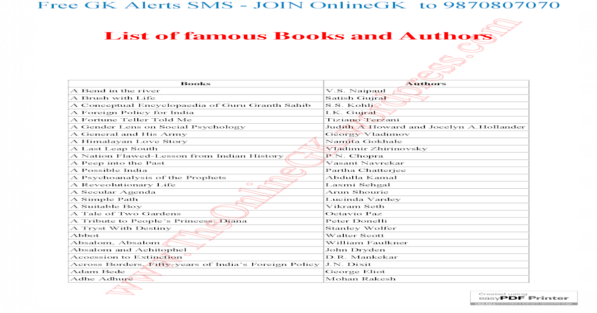List Of Famous Books And Authors Pdf Document