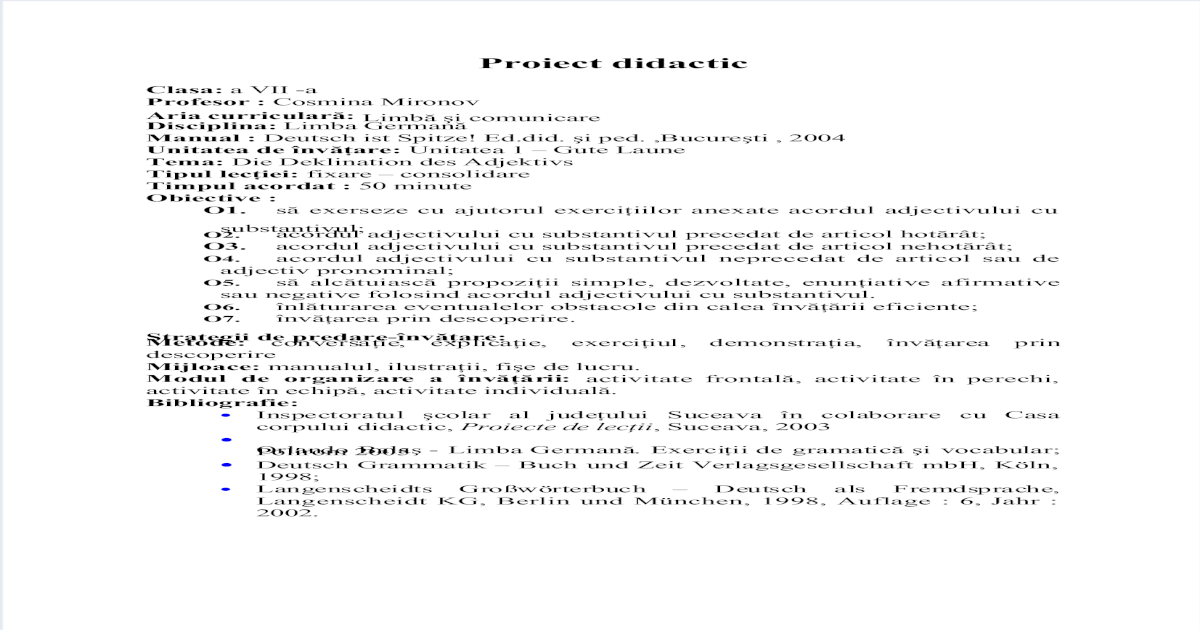 Proiect Didactic Limba Germana Si Evaluare Pdf Document