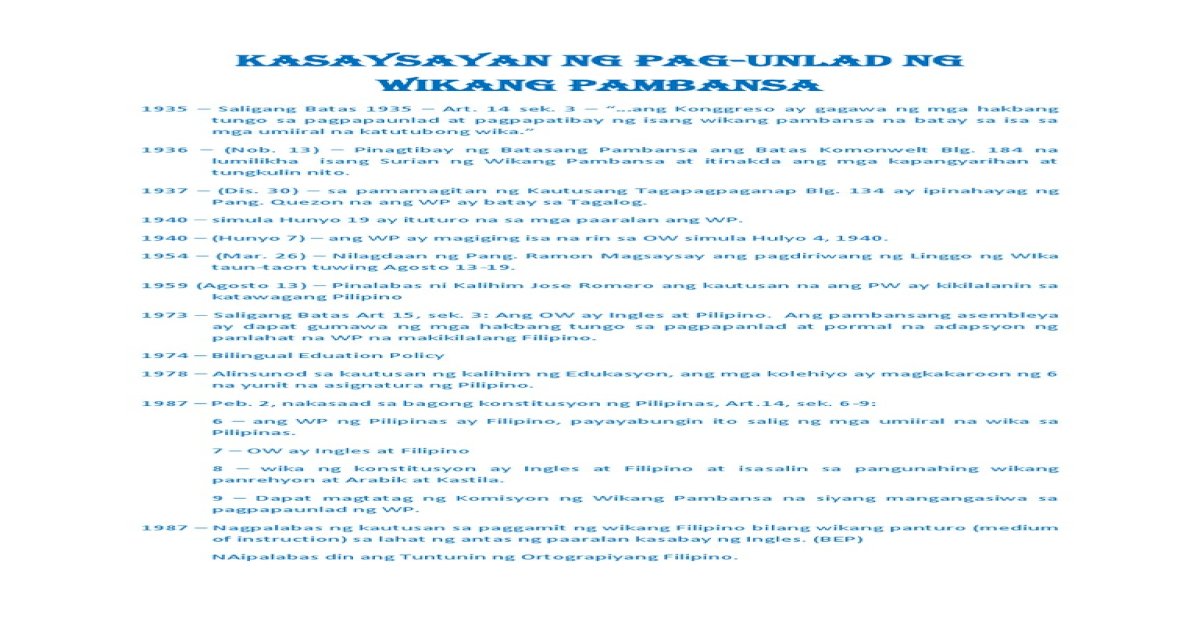 Timeline Ng Kasaysayan Ng Wikang Pambansa - [PDF Document]