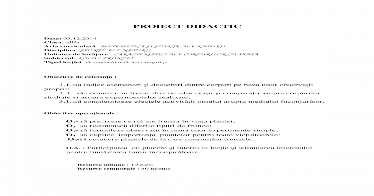 Proiect Didactic Stiinte Frunza Doc Document