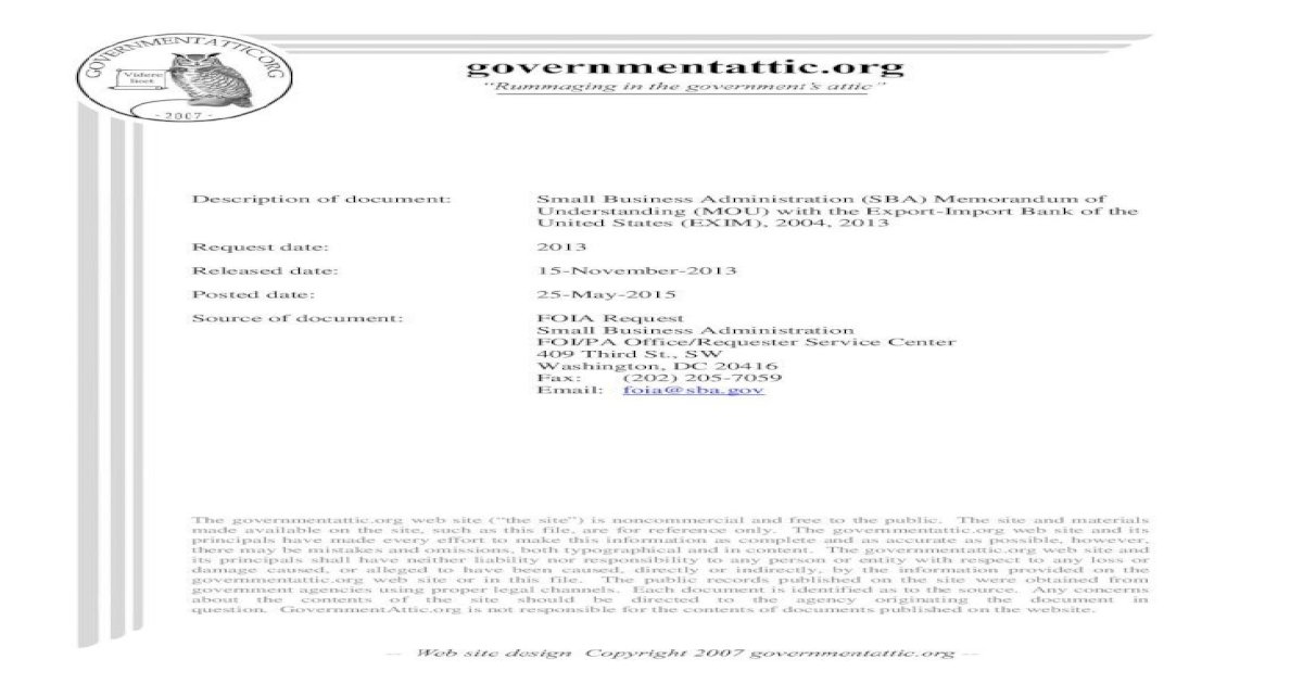 Small Business Administration (SBA) Memorandum of of document
