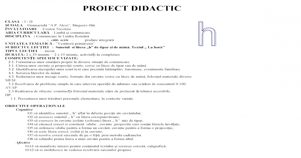 Proiect Didactic Sunetul Si Litera H Inspectie Pdf Document