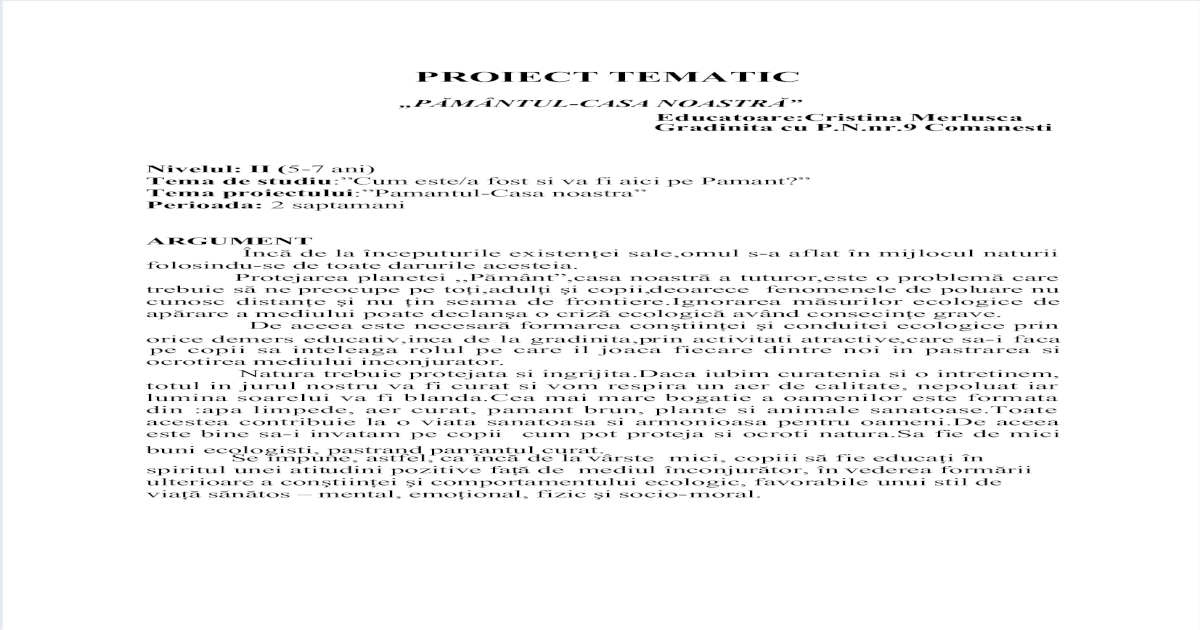 Proiect Tematic Si Proiect De Activitate Integrata Pdf Document