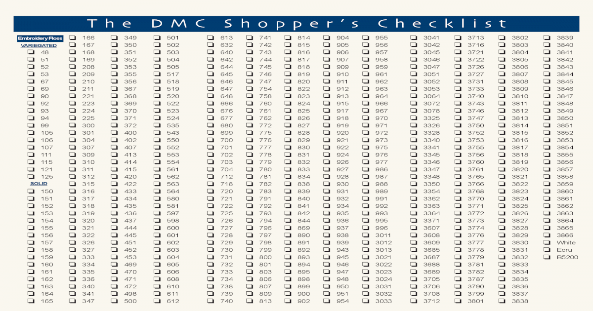 The DMC Shopper s Checklist Cross Stitch Collectibles DMC Shopper s