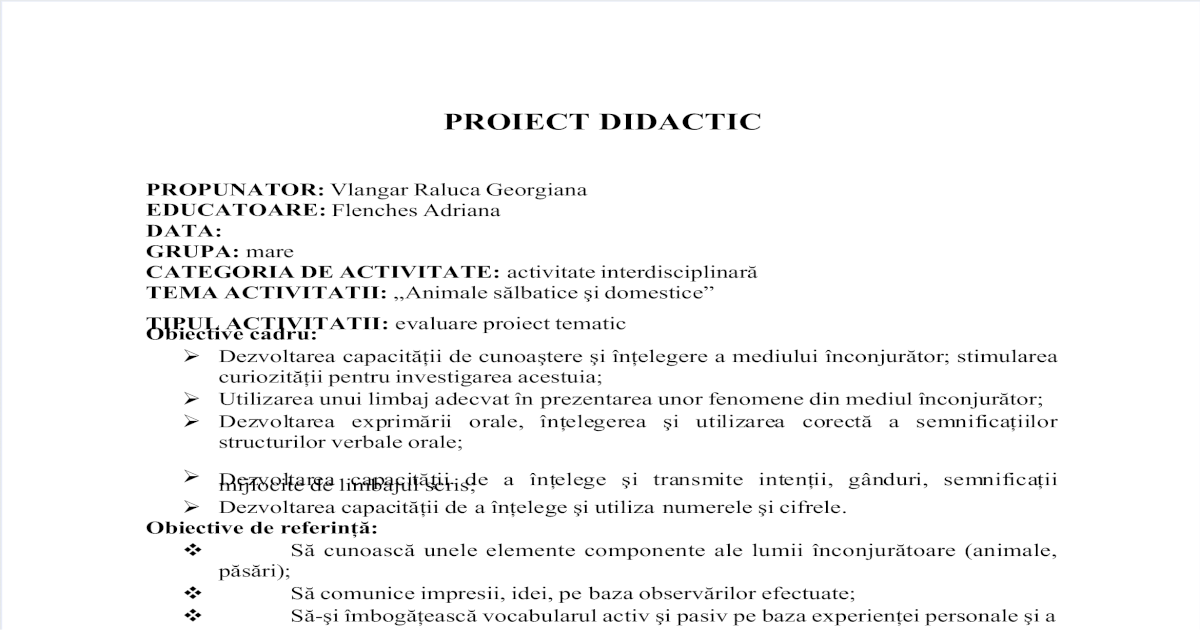 Proiect Didactic Animale Salbatice Si Domestice Pdf Document