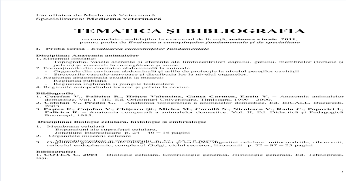 Tematica Licenta Medicina Veterinara 2011 Pdf Document