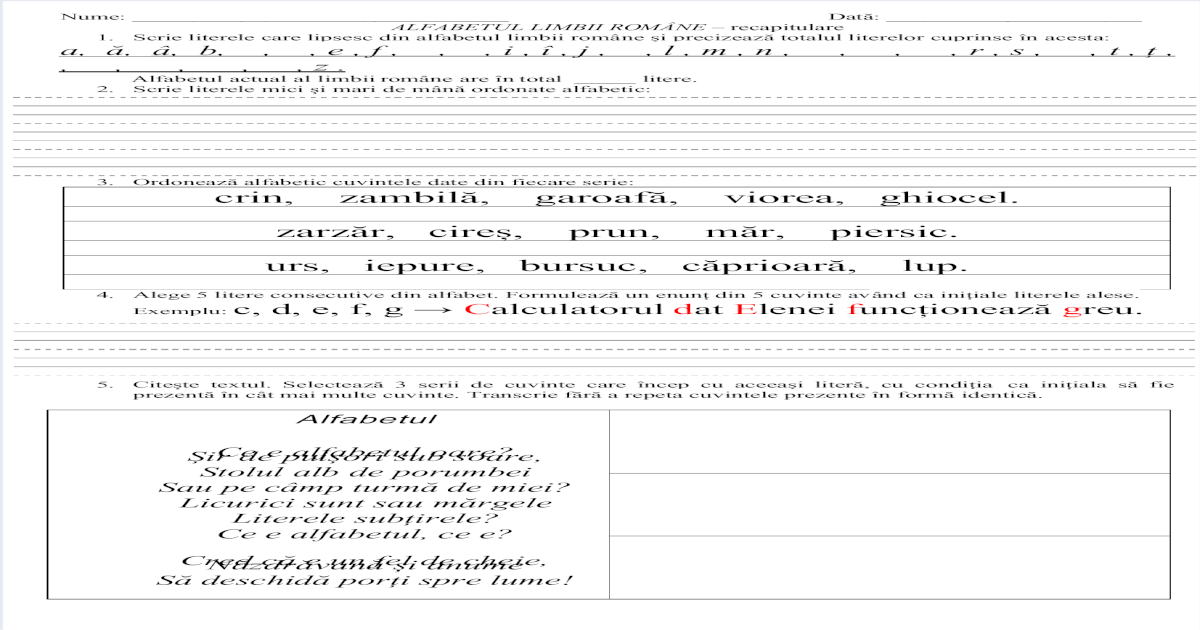 Alfabetul Limbii Romane Recapitulare Pdf Document