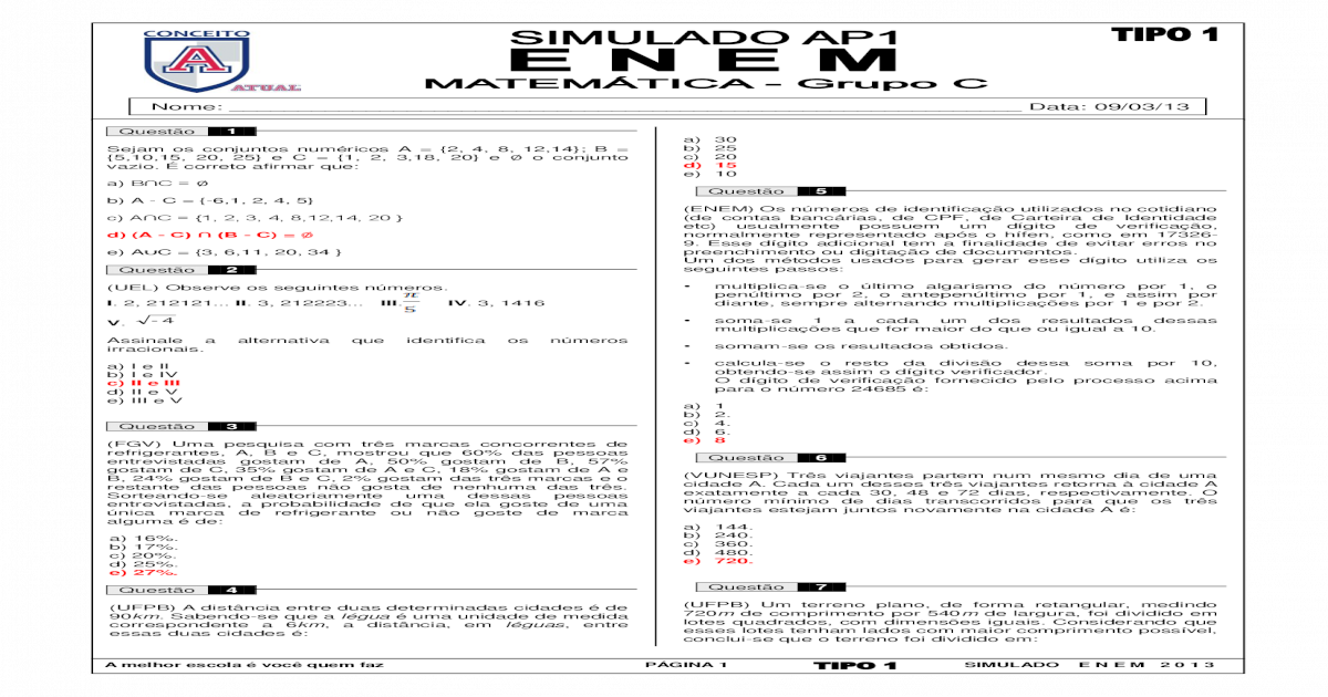Ap1 Simulado Enem Matematica T1 Gabarito Pdf Document