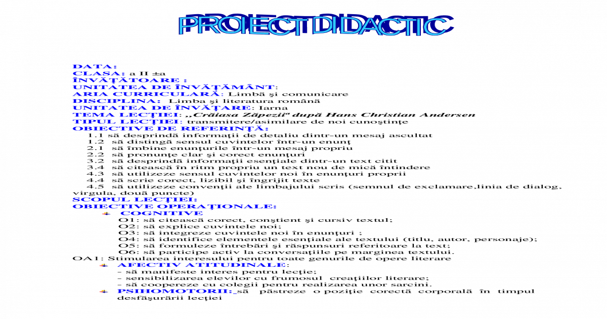 Craiasa Zapezii Proiect Didactic Doc Document