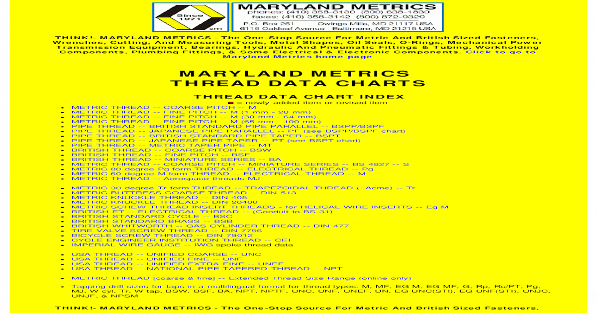 Maryland Metric Thread Chart Pdf