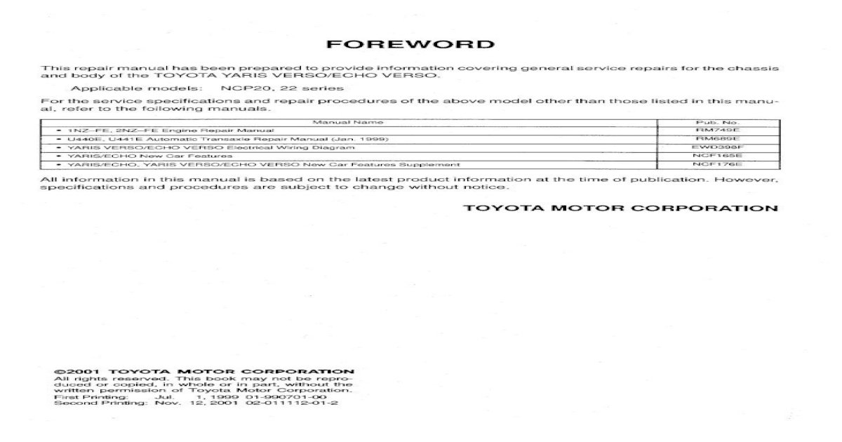 2001 Toyota Yaris Echo Verso Service Repair Manual [PDF